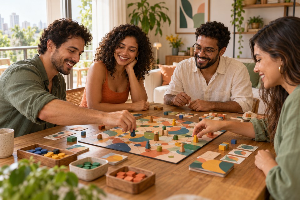 Cena criada com IA: amigos adultos em uma partida de jogo de tabuleiro Cena criada com IA: amigos adultos em uma partida de jogo de tabuleiro
