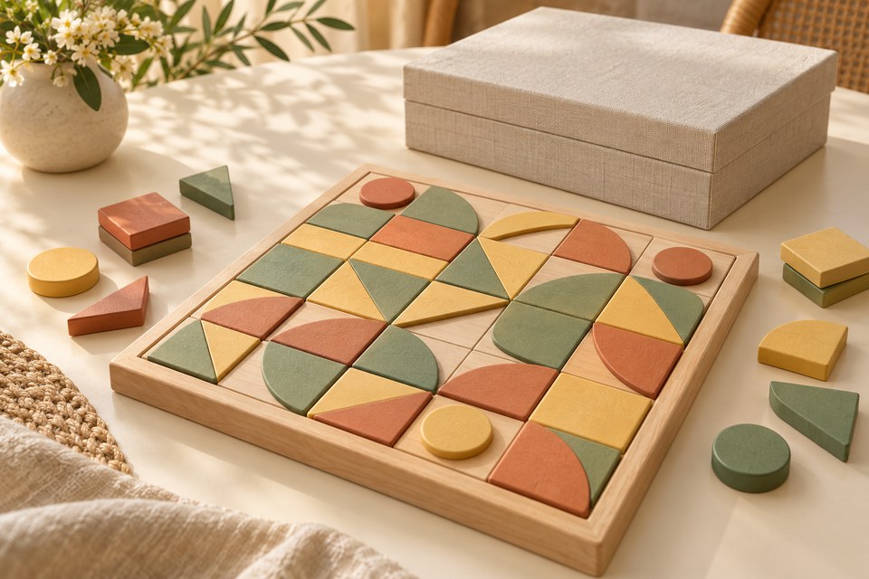 Jogo abstrato em tons de terracota e sálvia sobre mesa clara Jogo abstrato em tons de terracota e sálvia sobre mesa clara