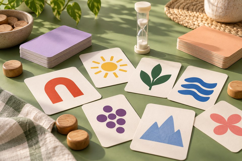 Cartas com símbolos coloridos e peças para um jogo em grupo