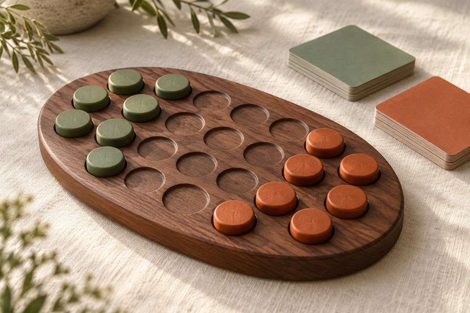 Jogo de tabuleiro de madeira com peças circulares em uma mesa Jogo de tabuleiro de madeira com peças circulares em uma mesa